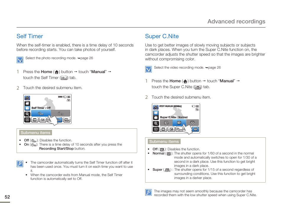 Self timer, Super c.nite, Advanced recordings self timer | Samsung HMX-Q10UN-XAA User Manual | Page 56 / 114