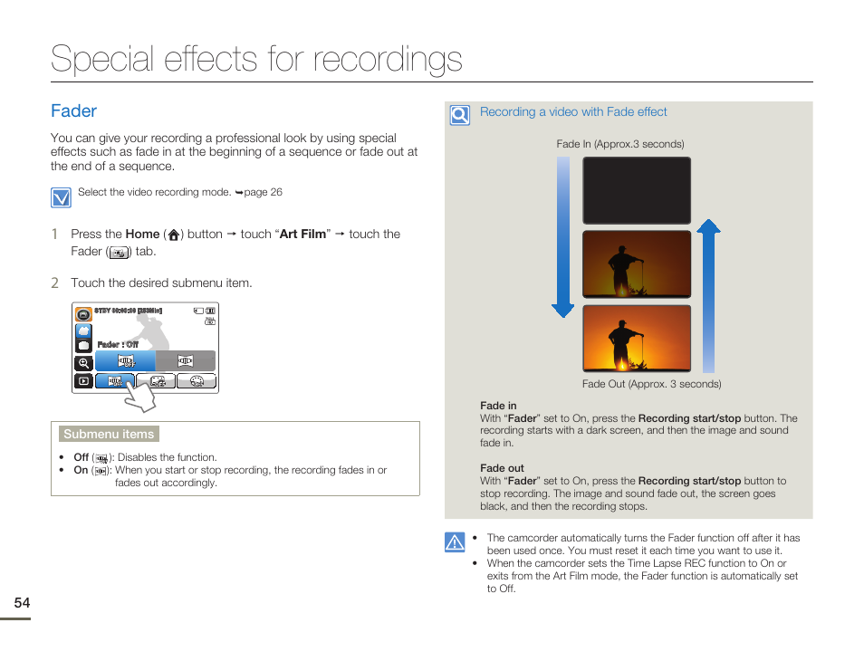 Special effects for recordings, Fader | Samsung HMX-Q10UN-XAA User Manual | Page 58 / 114