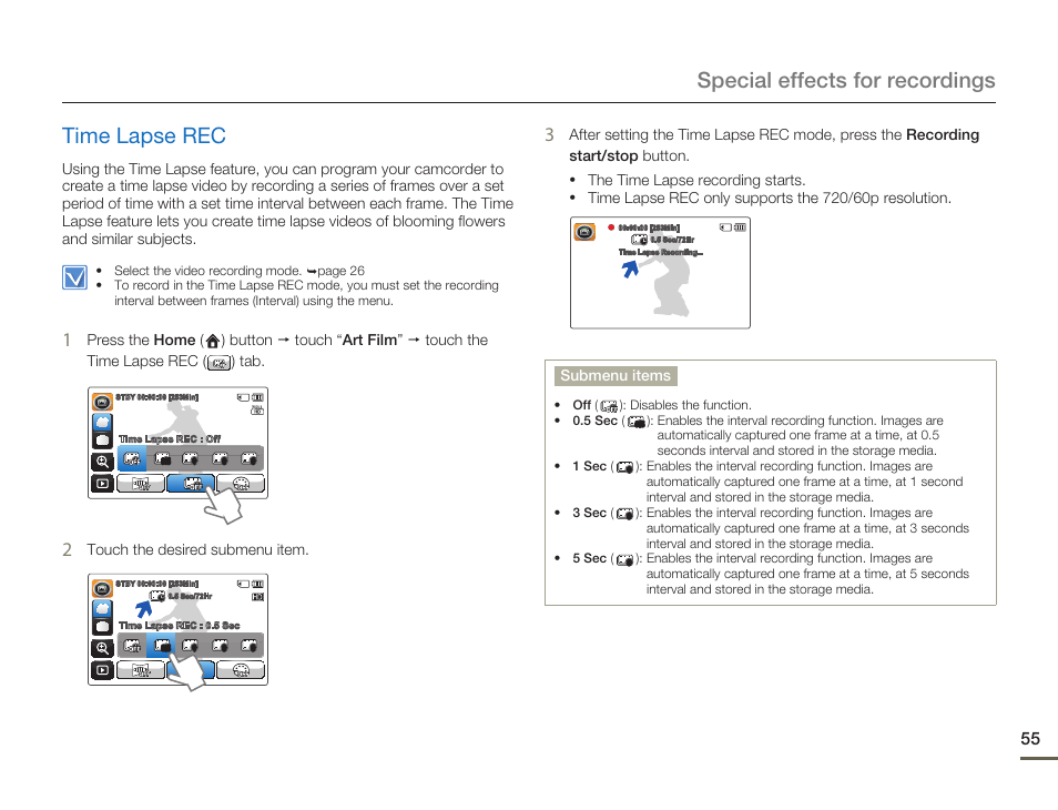 Time lapse rec, Special effects for recordings time lapse rec | Samsung HMX-Q10UN-XAA User Manual | Page 59 / 114