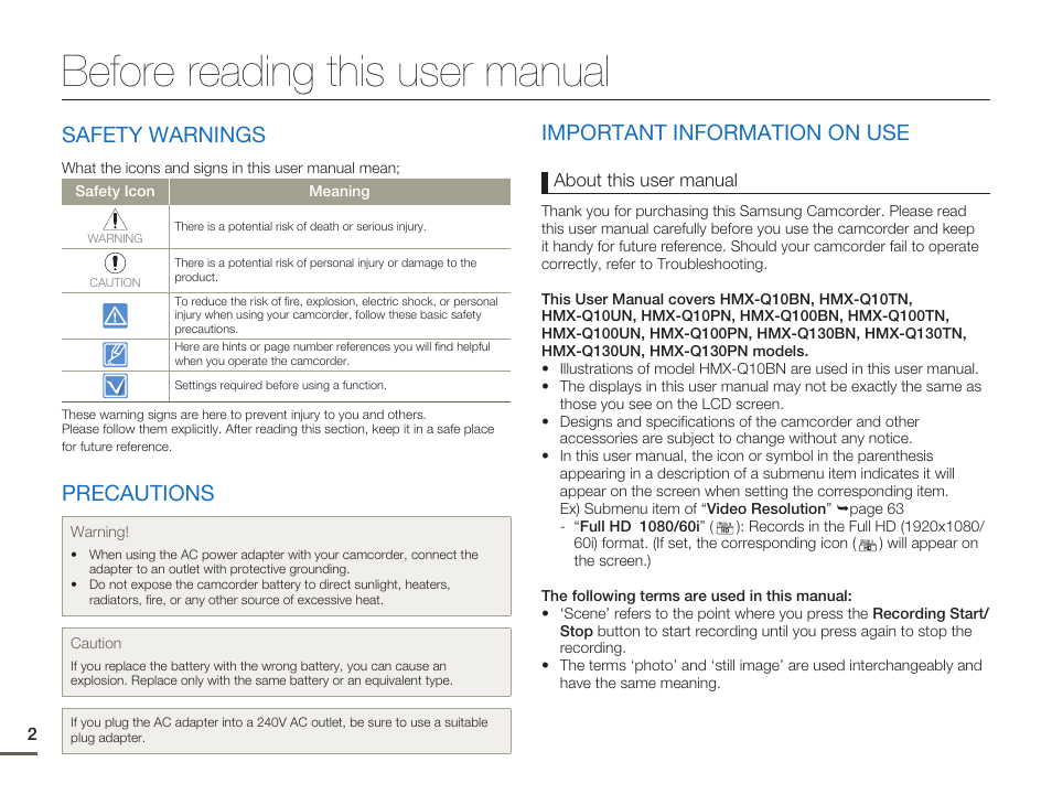 Before reading this user manual, Safety warnings, Precautions | Important information on use | Samsung HMX-Q10UN-XAA User Manual | Page 6 / 114