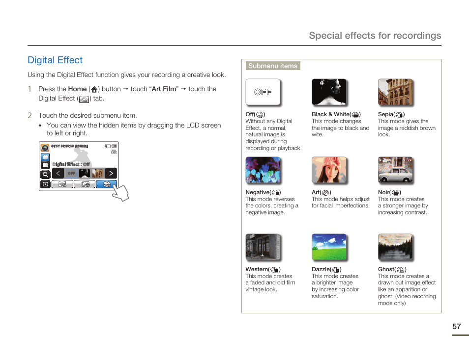 Digital effect, Special effects for recordings digital effect | Samsung HMX-Q10UN-XAA User Manual | Page 61 / 114