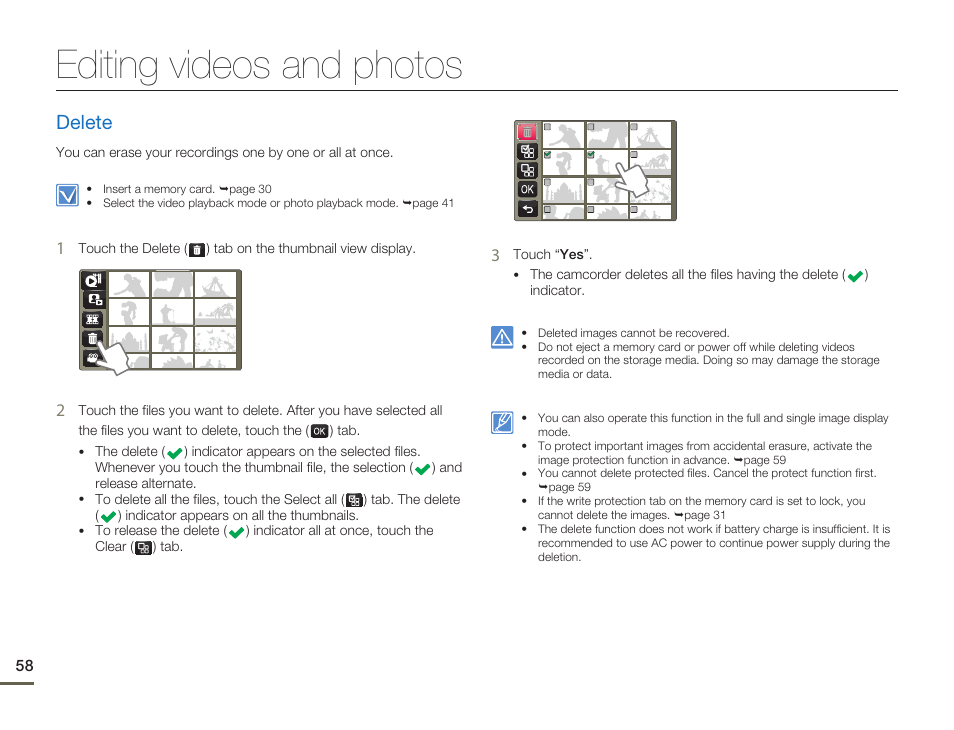 Editing videos and photos, Delete | Samsung HMX-Q10UN-XAA User Manual | Page 62 / 114