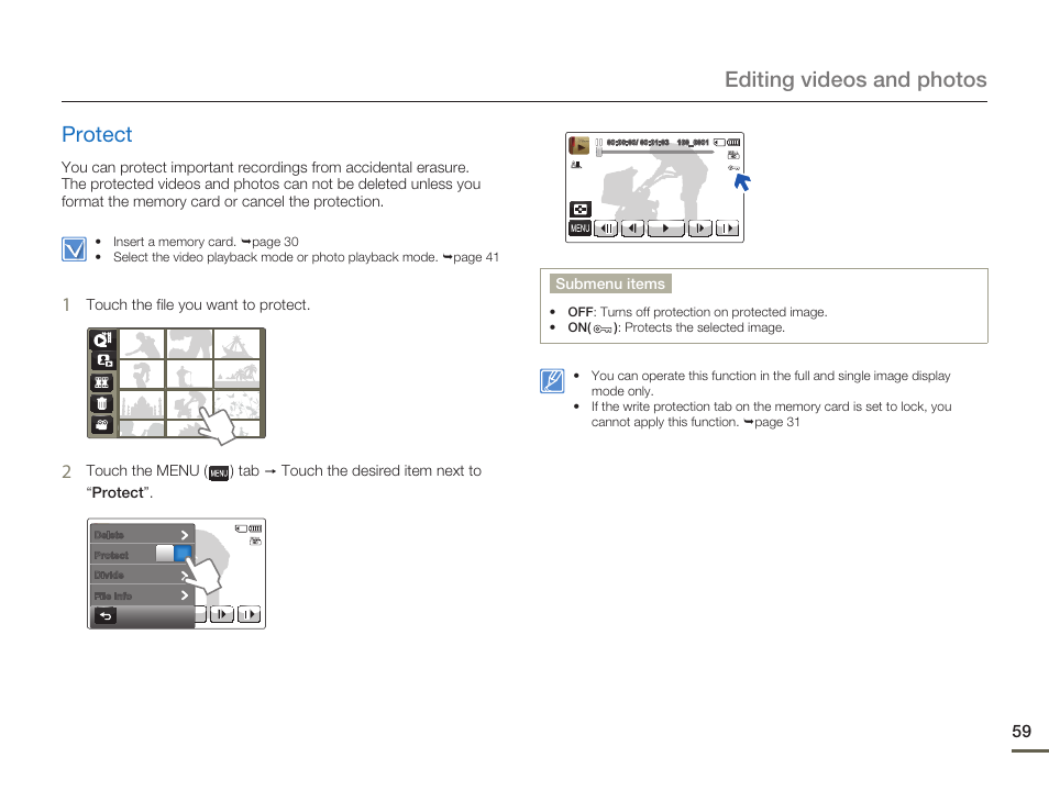 Protect, Editing videos and photos protect | Samsung HMX-Q10UN-XAA User Manual | Page 63 / 114