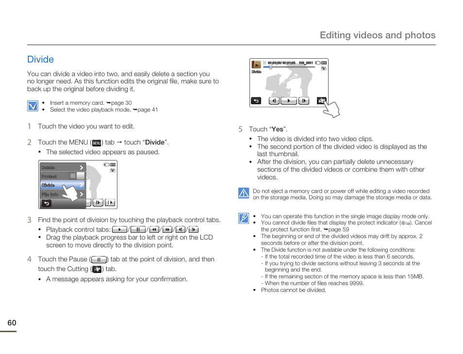 Divide, Editing videos and photos divide | Samsung HMX-Q10UN-XAA User Manual | Page 64 / 114