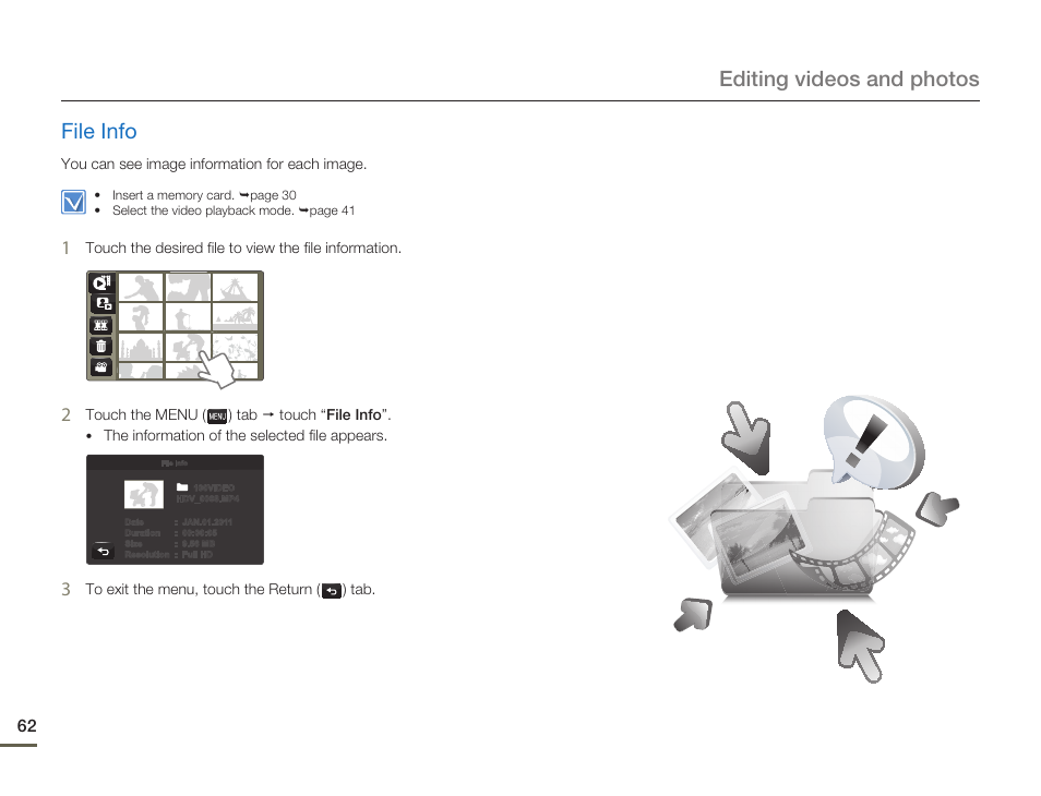 File info, Editing videos and photos file info | Samsung HMX-Q10UN-XAA User Manual | Page 66 / 114