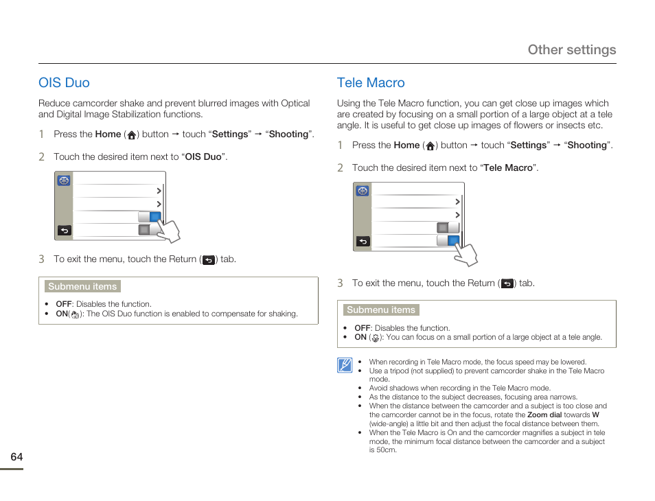 Ois duo, Tele macro, Other settings ois duo | Samsung HMX-Q10UN-XAA User Manual | Page 68 / 114