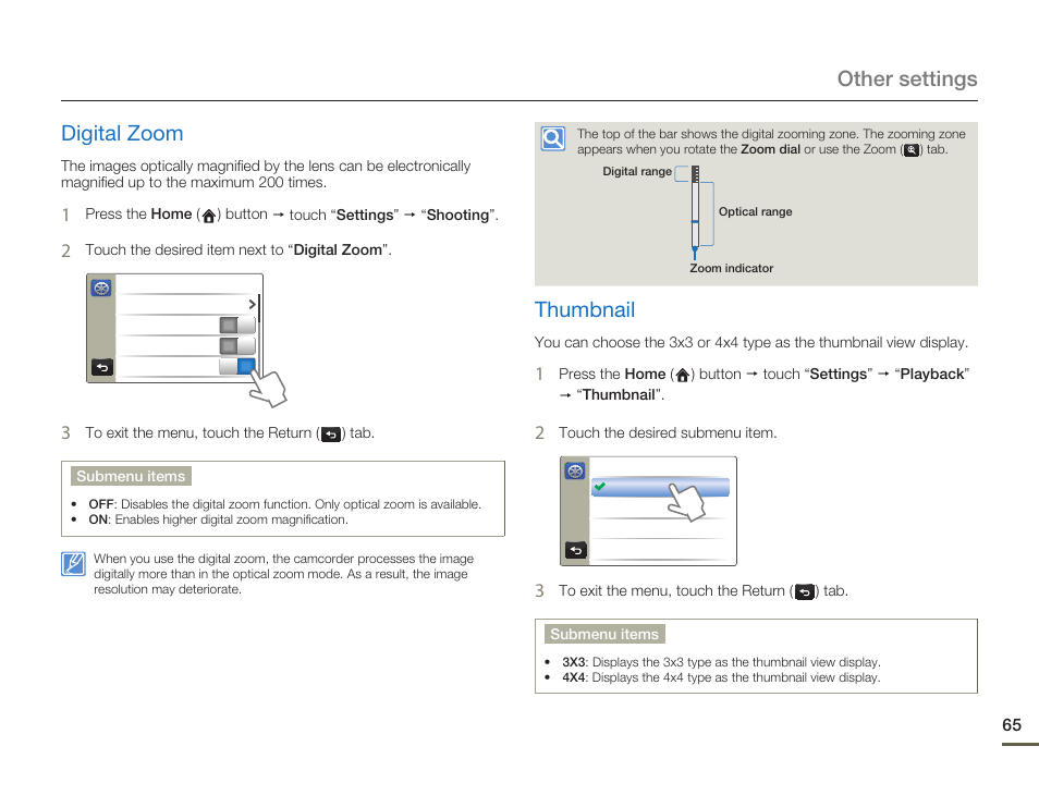 Digital zoom, Thumbnail, Other settings digital zoom | Samsung HMX-Q10UN-XAA User Manual | Page 69 / 114