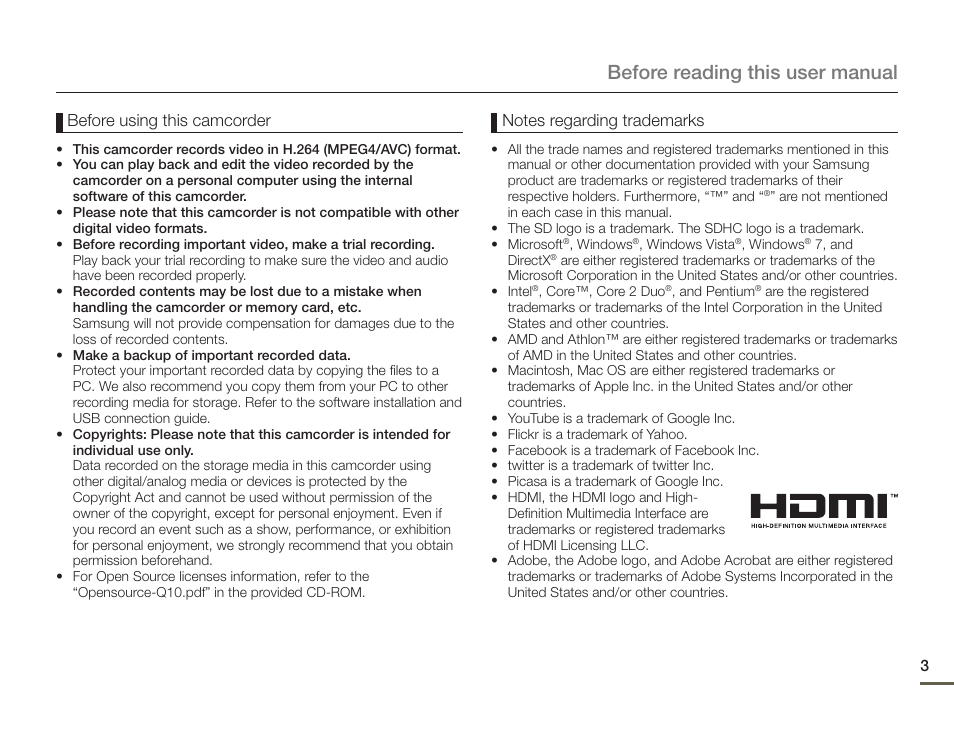 Before reading this user manual | Samsung HMX-Q10UN-XAA User Manual | Page 7 / 114