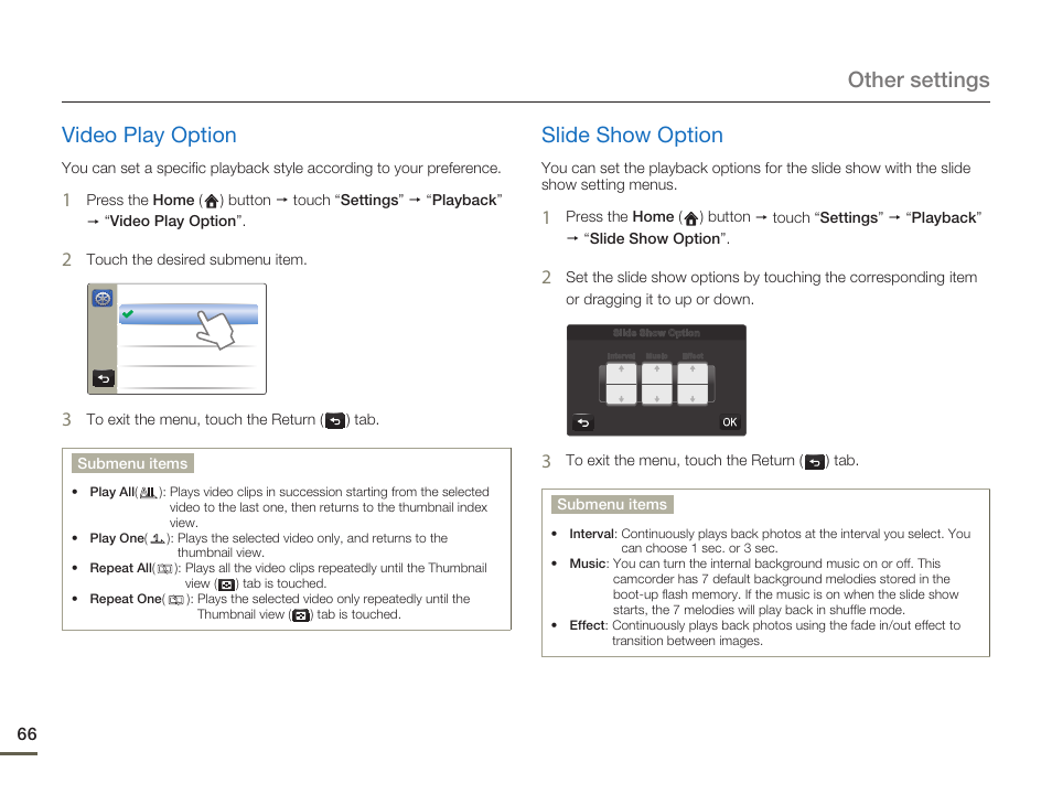 Video play option, Slide show option, Other settings video play option | Samsung HMX-Q10UN-XAA User Manual | Page 70 / 114