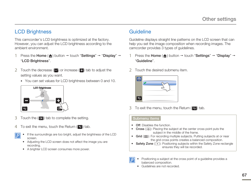 Lcd brightness, Guideline, Other settings lcd brightness | Samsung HMX-Q10UN-XAA User Manual | Page 71 / 114