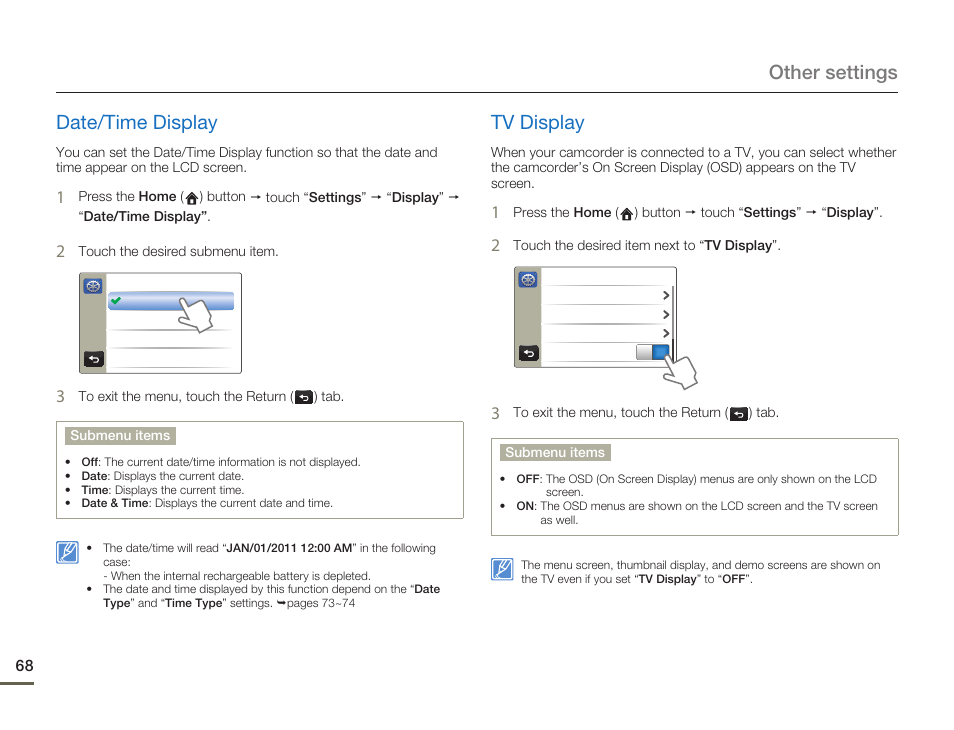 Date/time display, Tv display, Other settings date/time display | Samsung HMX-Q10UN-XAA User Manual | Page 72 / 114