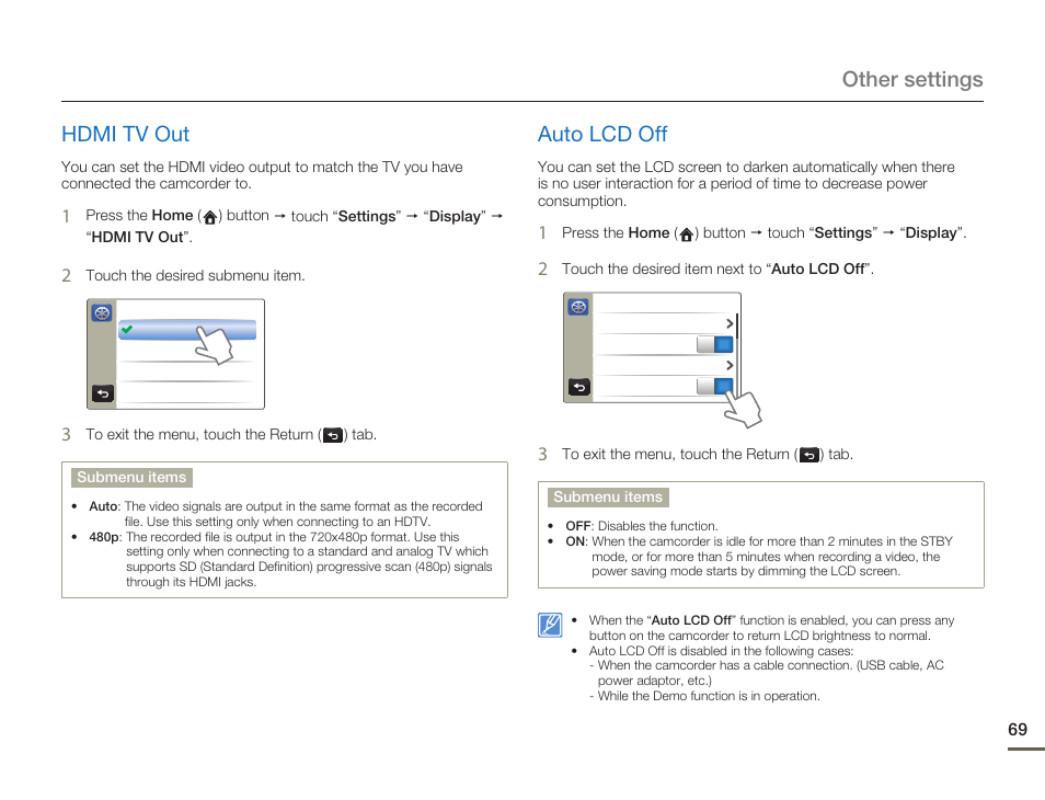 Hdmi tv out, Auto lcd off, Other settings hdmi tv out | Samsung HMX-Q10UN-XAA User Manual | Page 73 / 114