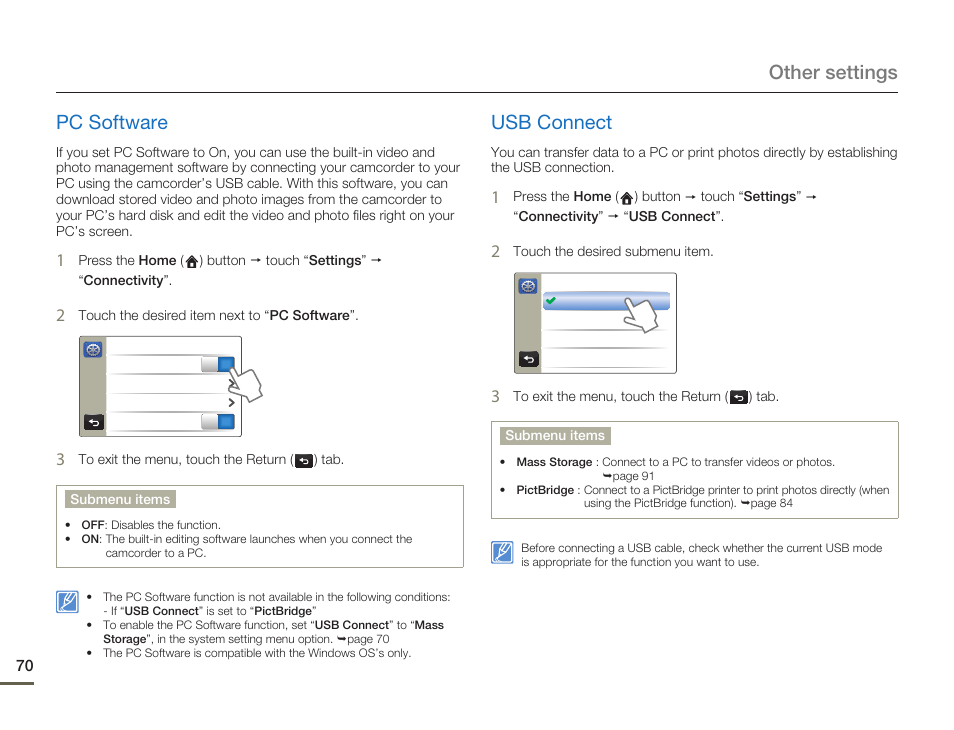 Pc software, Usb connect, Other settings pc software | Samsung HMX-Q10UN-XAA User Manual | Page 74 / 114