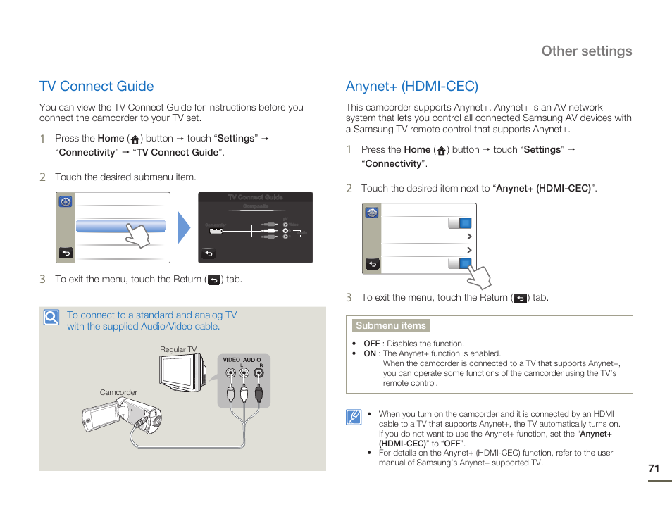 Tv connect guide, Anynet+ (hdmi-cec), Other settings tv connect guide | Samsung HMX-Q10UN-XAA User Manual | Page 75 / 114