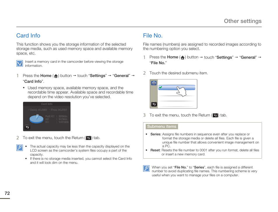 Card info, File no, Other settings card info | Samsung HMX-Q10UN-XAA User Manual | Page 76 / 114