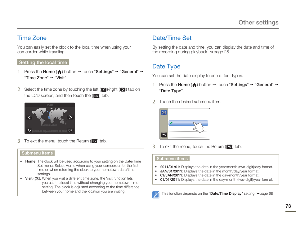 Time zone, Date/time set, Date type | Other settings time zone | Samsung HMX-Q10UN-XAA User Manual | Page 77 / 114