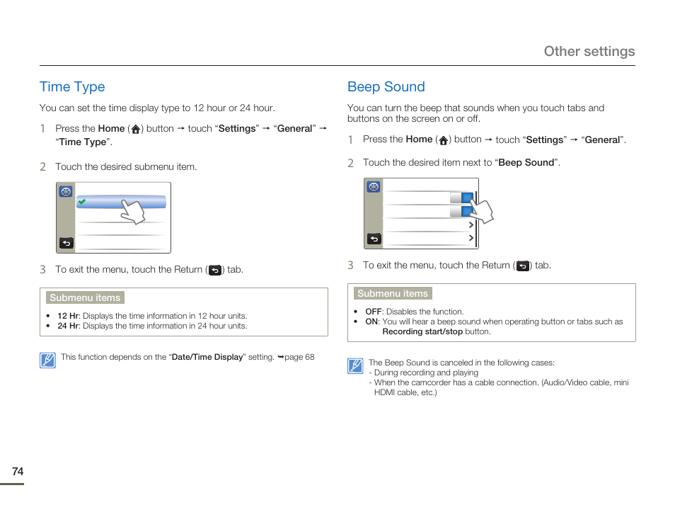 Time type, Beep sound, Other settings time type | Samsung HMX-Q10UN-XAA User Manual | Page 78 / 114