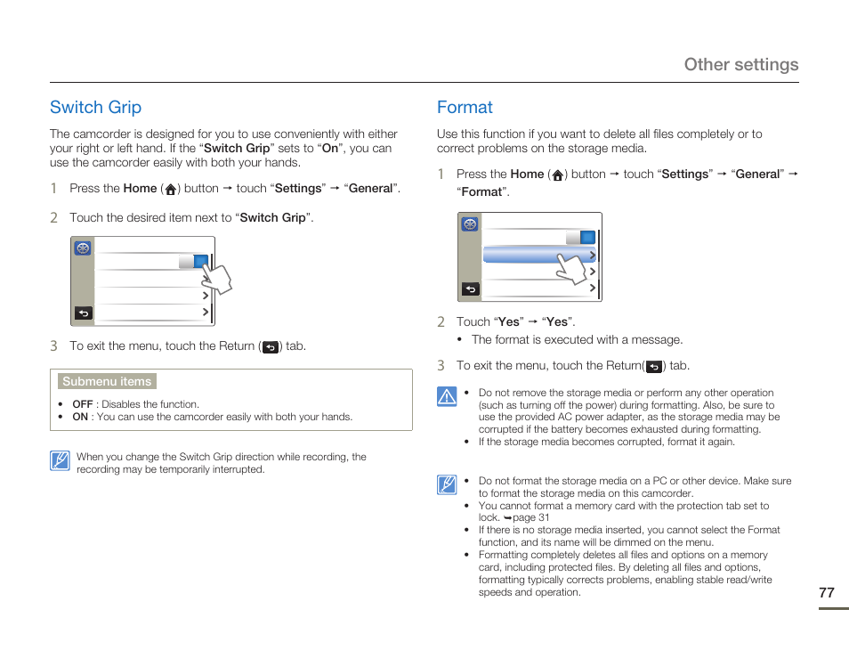 Switch grip, Format, Other settings switch grip | Samsung HMX-Q10UN-XAA User Manual | Page 81 / 114