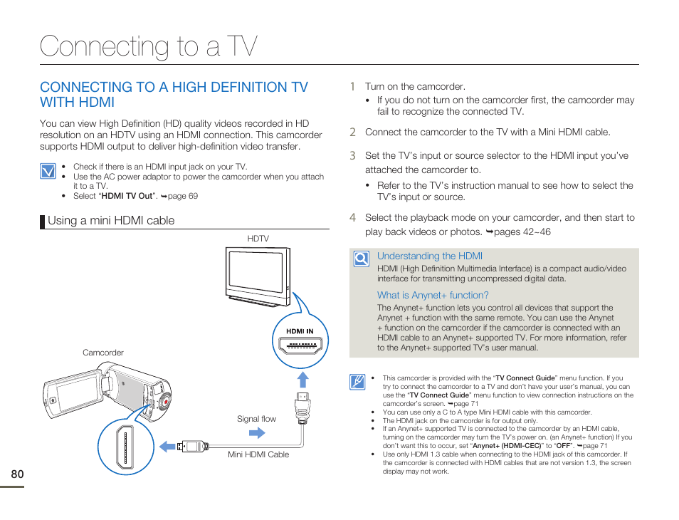 Connecting to a tv, Connecting to a high definition tv with hdmi | Samsung HMX-Q10UN-XAA User Manual | Page 84 / 114