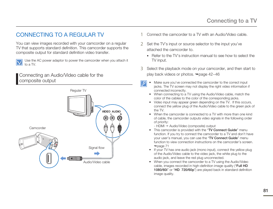 Connecting to a regular tv, Connecting to a tv connecting to a regular tv | Samsung HMX-Q10UN-XAA User Manual | Page 85 / 114