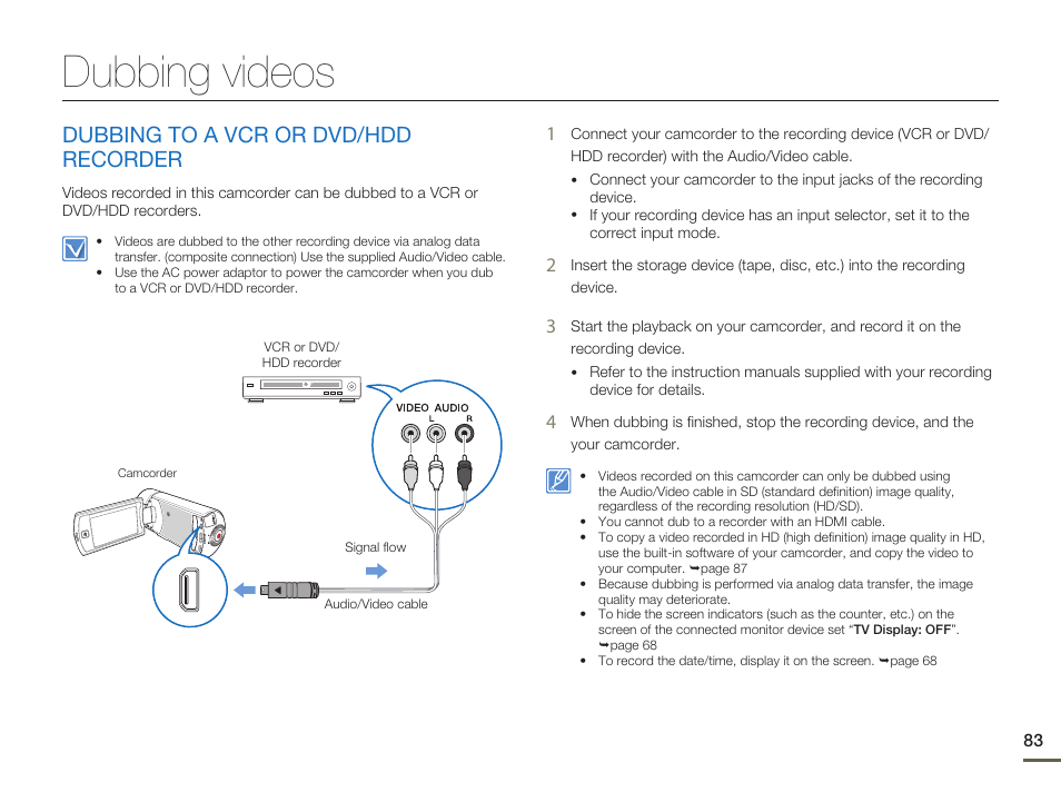 Dubbing videos, Dubbing to a vcr or dvd/hdd recorder | Samsung HMX-Q10UN-XAA User Manual | Page 87 / 114