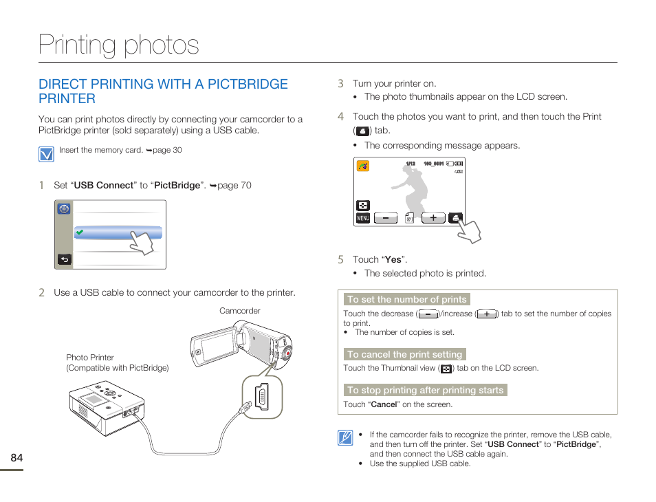 Printing photos, Direct printing with a pictbridge printer | Samsung HMX-Q10UN-XAA User Manual | Page 88 / 114