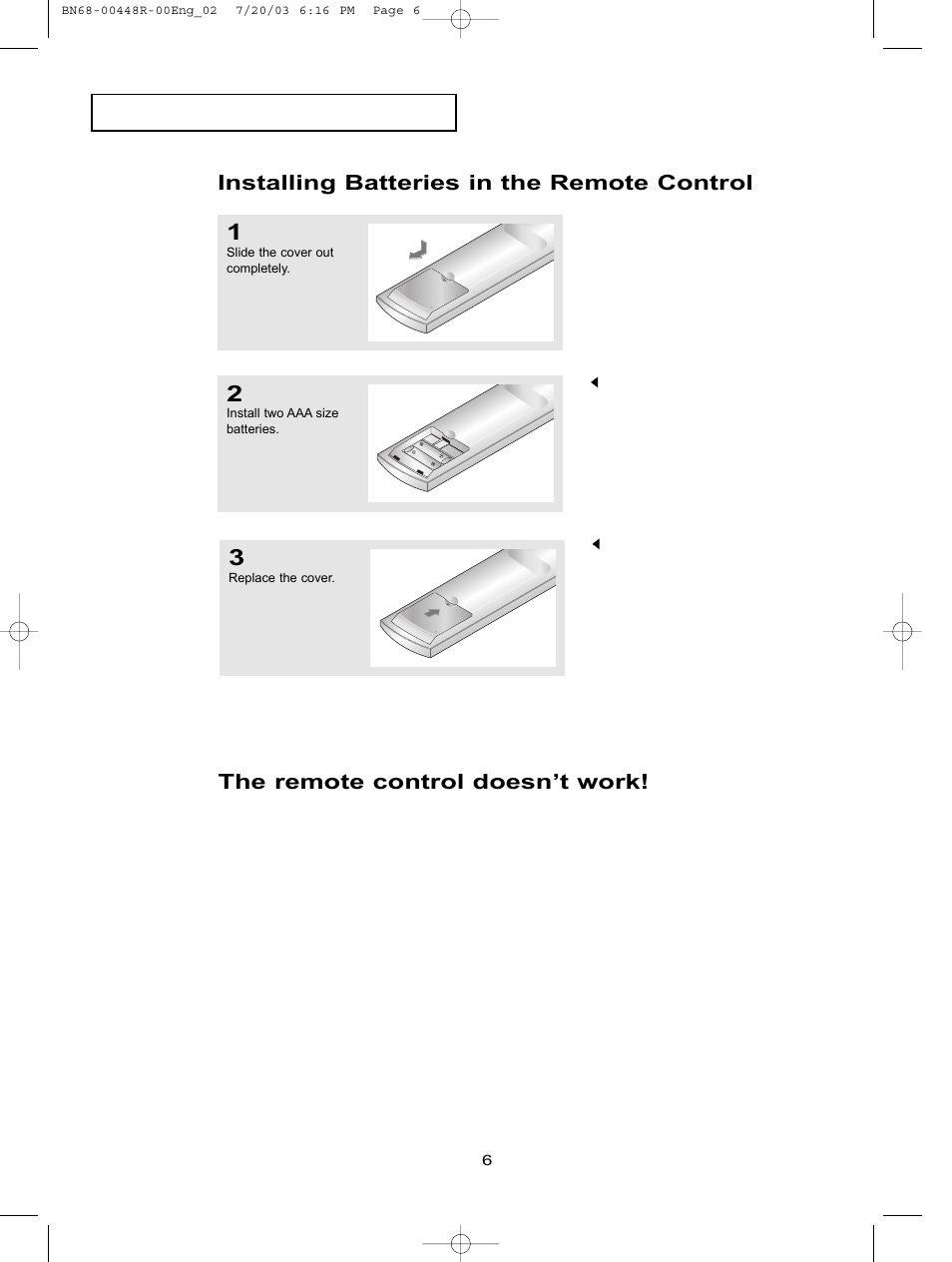 Installing batteries in the remote control, The remote control doesn’t work | Samsung LTN406WX-XAA User Manual | Page 14 / 82