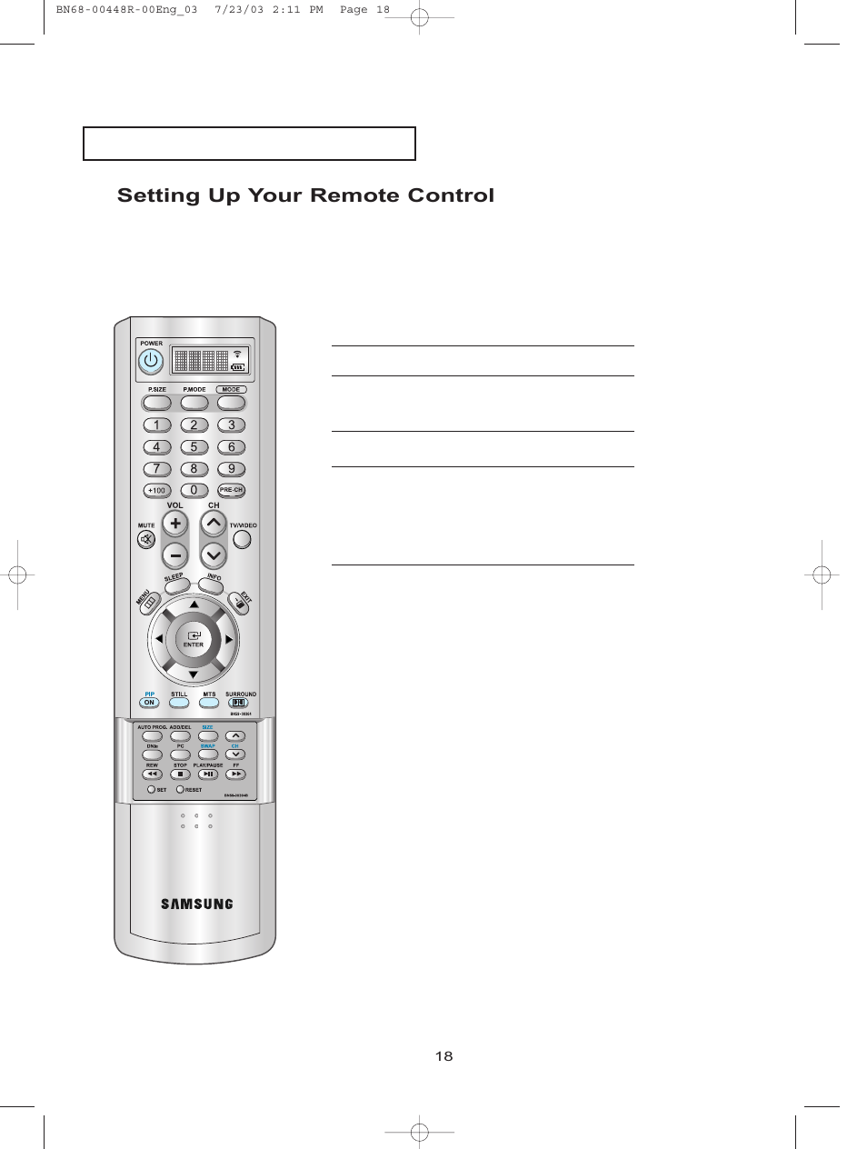 Setting up your remote control | Samsung LTN406WX-XAA User Manual | Page 26 / 82