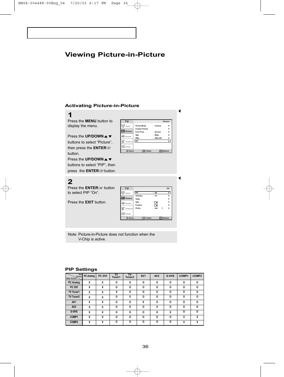 Viewing picture-in-picture, P e r at i o n, Activating picture-in-picture pip settings | Samsung LTN406WX-XAA User Manual | Page 44 / 82