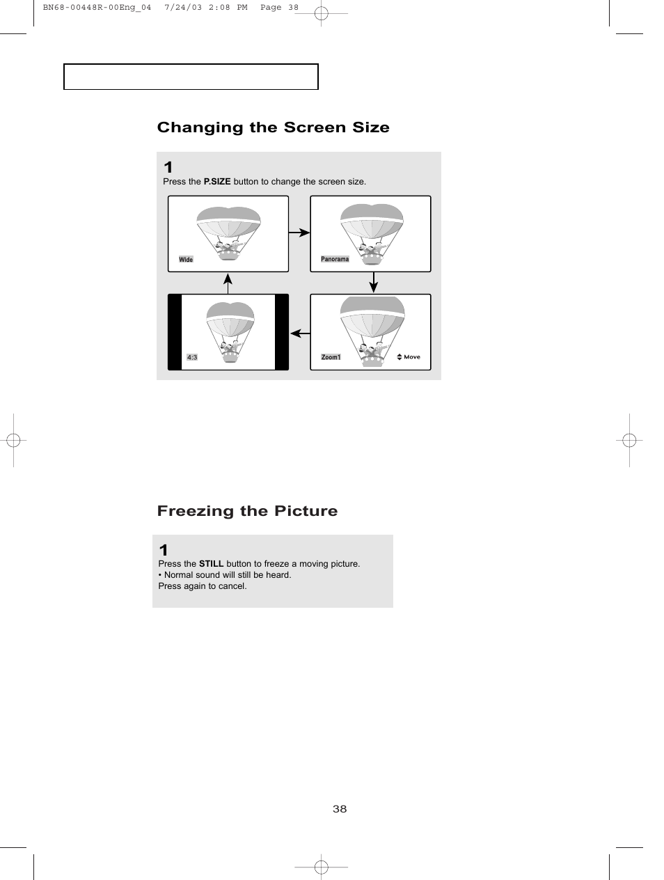 Freezing the picture, Changing the screen size | Samsung LTN406WX-XAA User Manual | Page 46 / 82