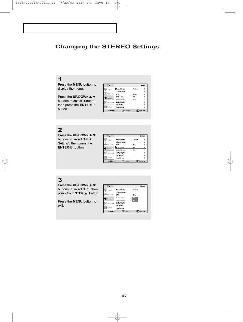 Changing the stereo settings | Samsung LTN406WX-XAA User Manual | Page 55 / 82