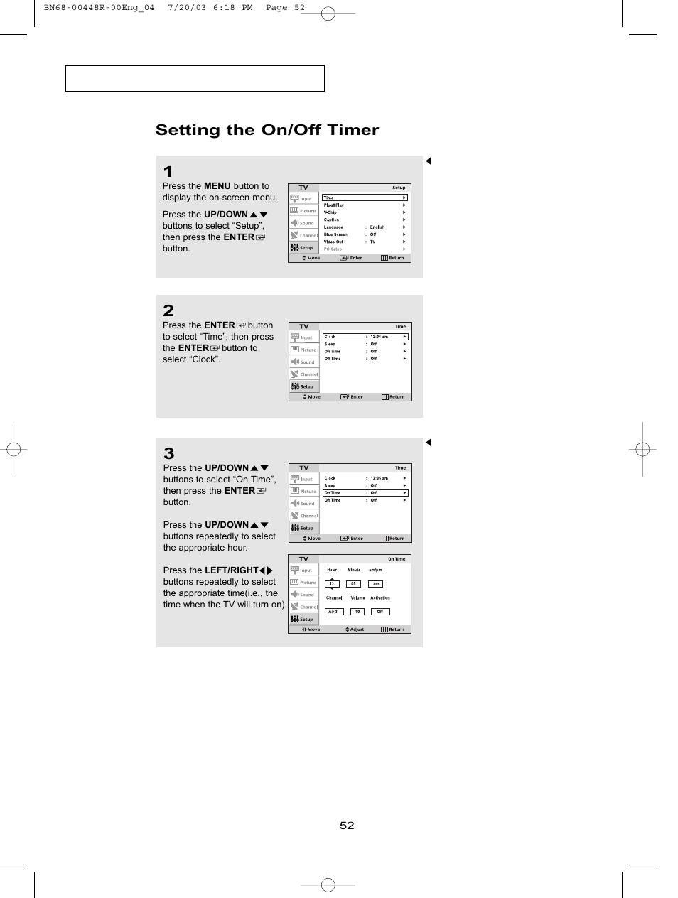 Setting the on/off timer | Samsung LTN406WX-XAA User Manual | Page 60 / 82
