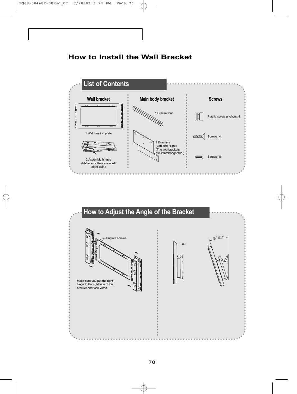 List of contents, How to adjust the angle of the bracket, How to install the wall bracket | Samsung LTN406WX-XAA User Manual | Page 78 / 82