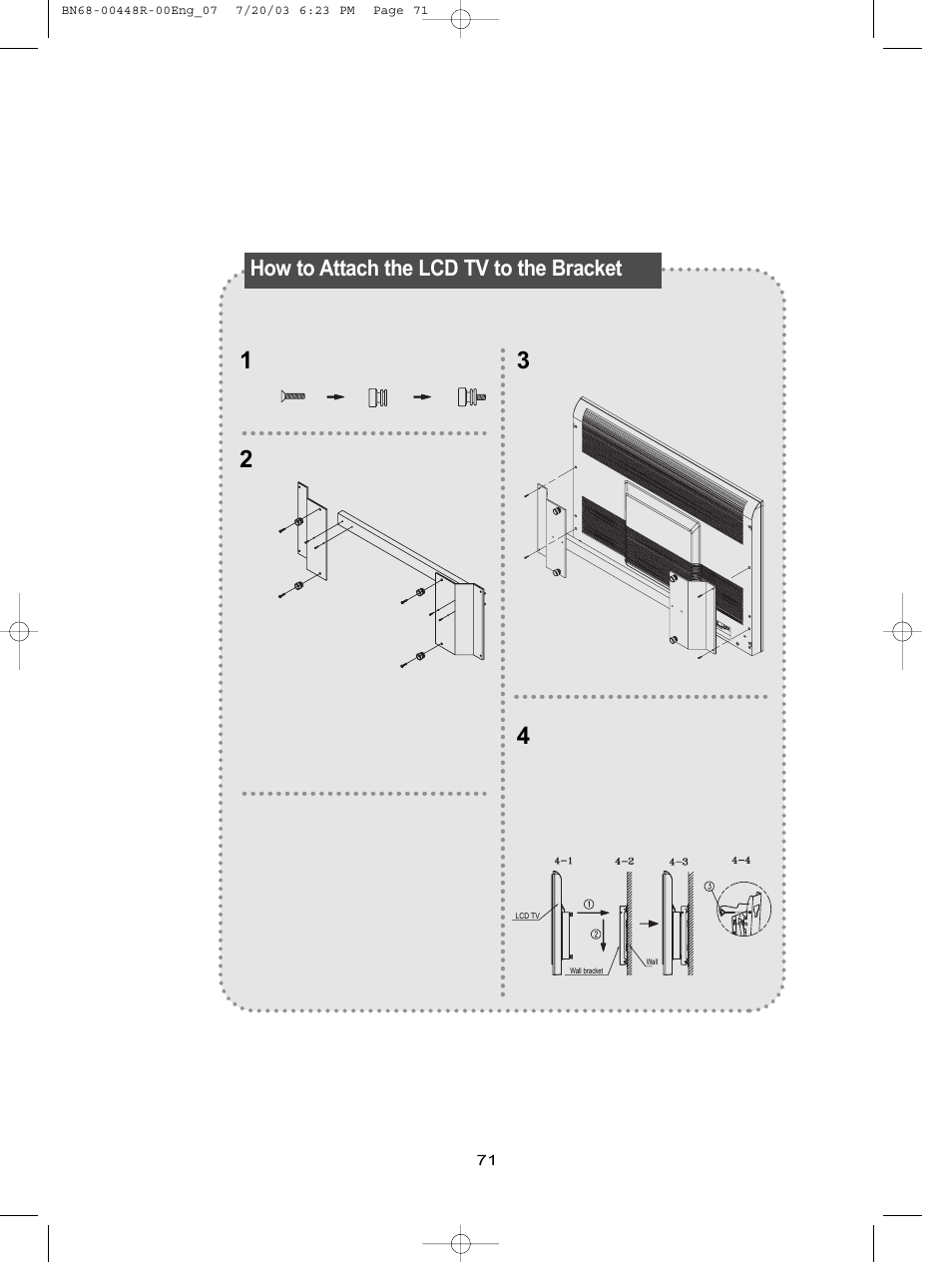 How to attach the lcd tv to the bracket | Samsung LTN406WX-XAA User Manual | Page 79 / 82