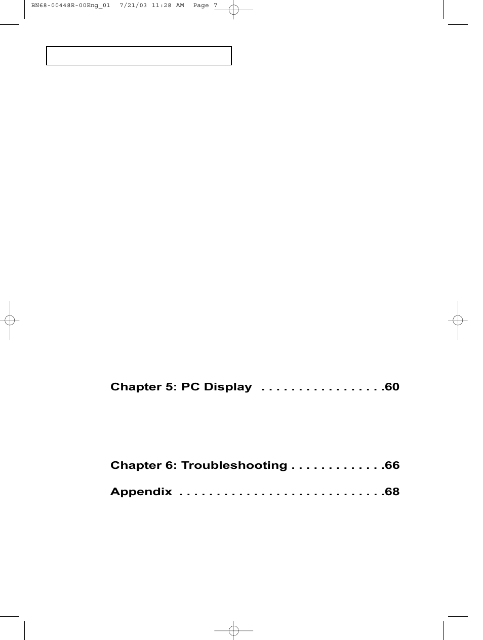 Chapter 5: pc display, Chapter 6: troubleshooting, Appendix | Samsung LTN406WX-XAA User Manual | Page 8 / 82