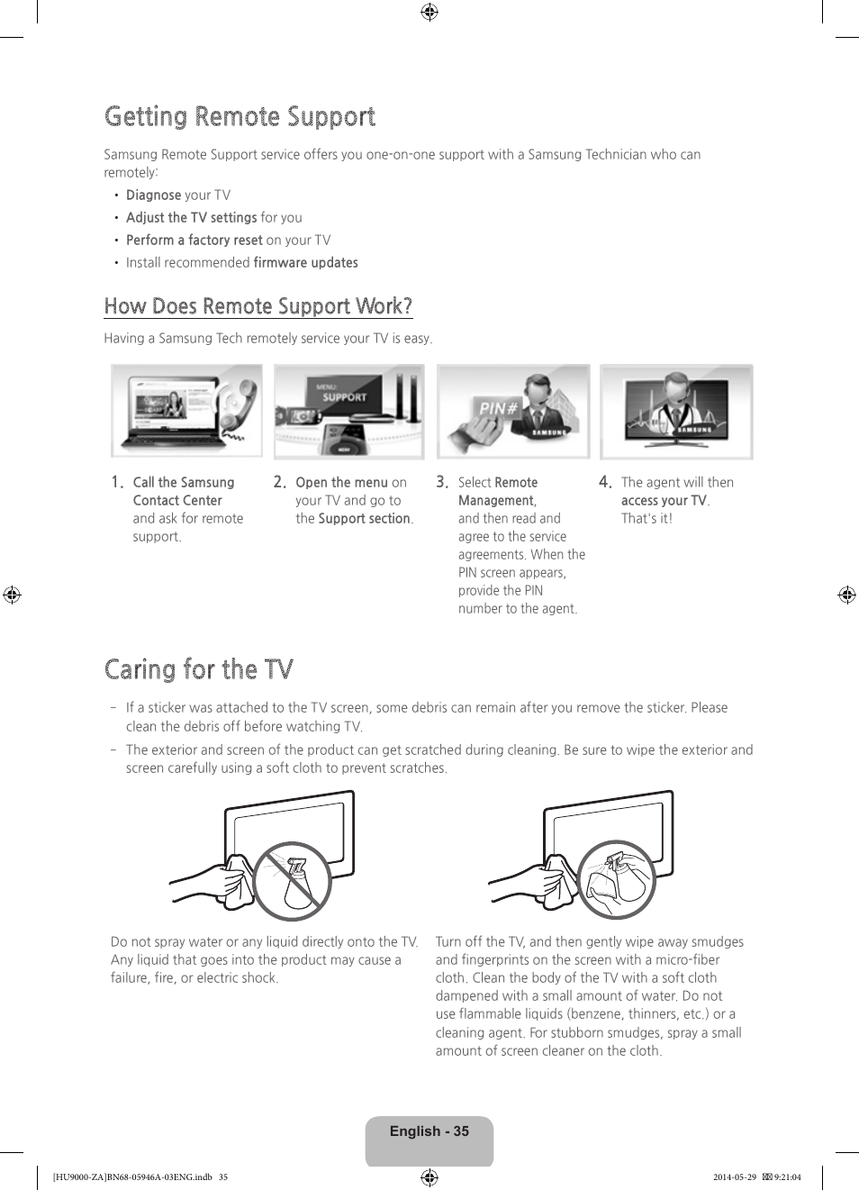 Getting remote support, Caring for the tv, How does remote support work | Samsung UN55HU9000FXZA User Manual | Page 35 / 43