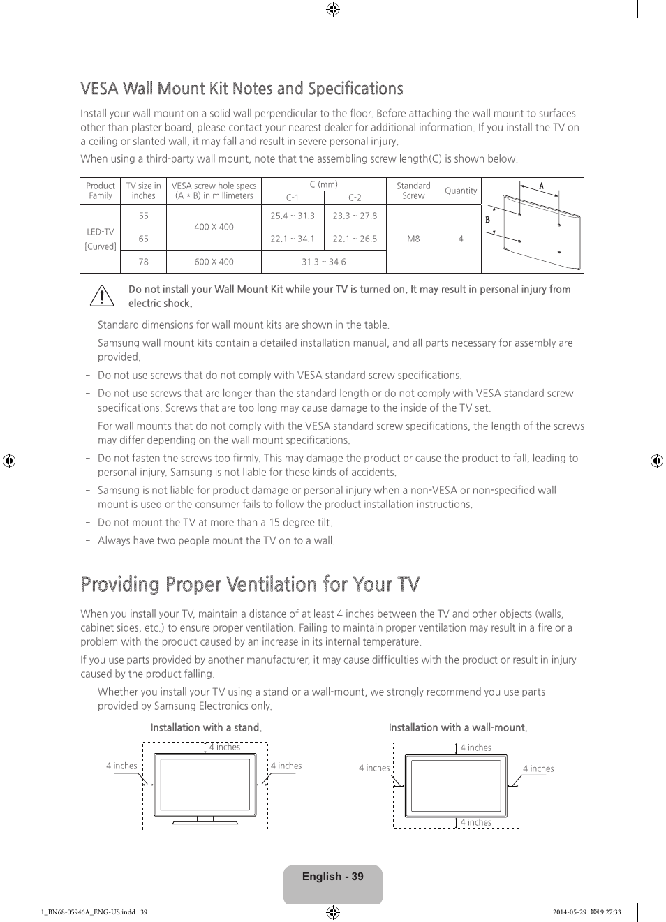 Providing proper ventilation for your tv | Samsung UN55HU9000FXZA User Manual | Page 39 / 43