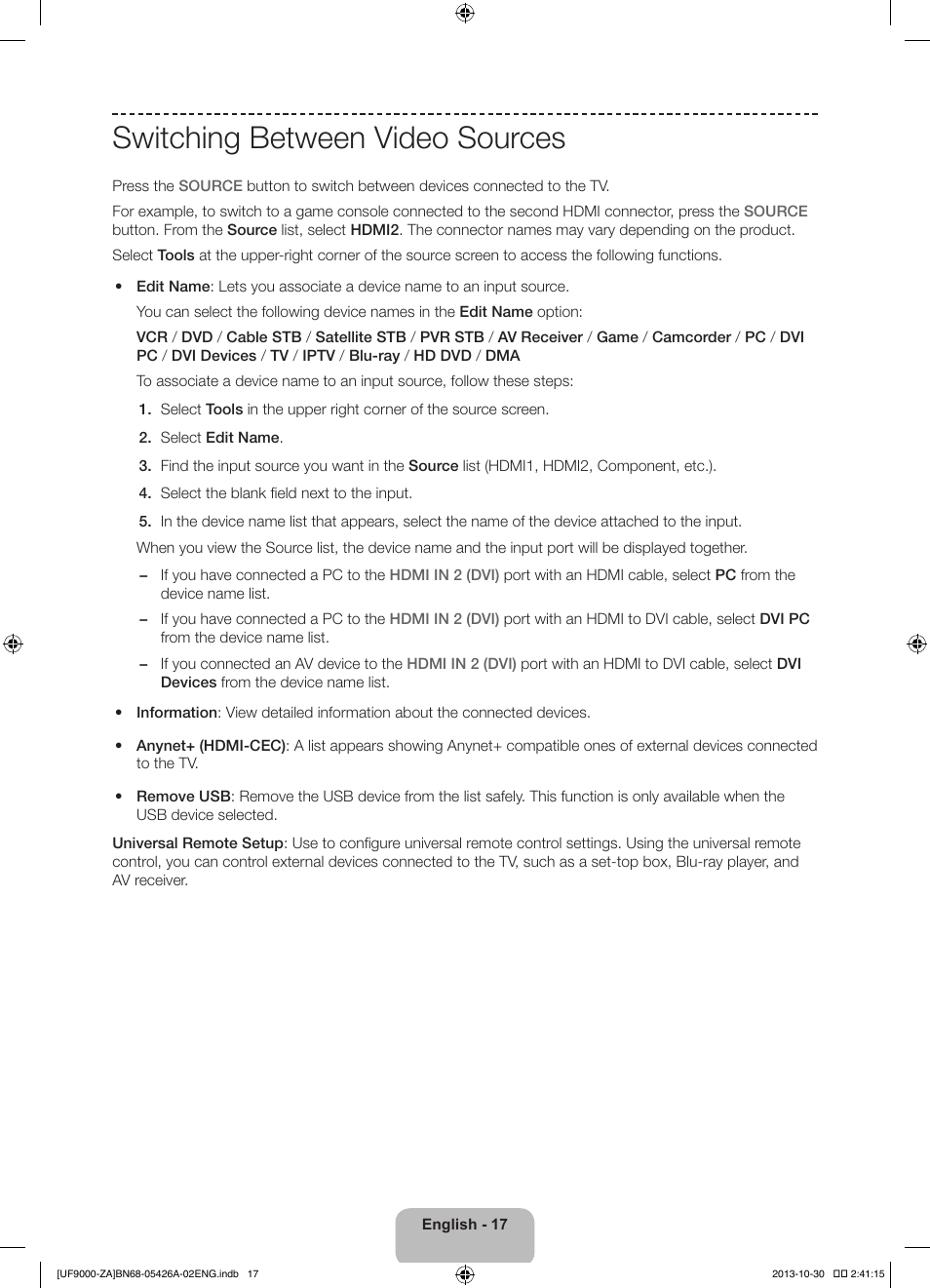 Switching between video sources | Samsung UN55F9000AFXZA User Manual | Page 17 / 39