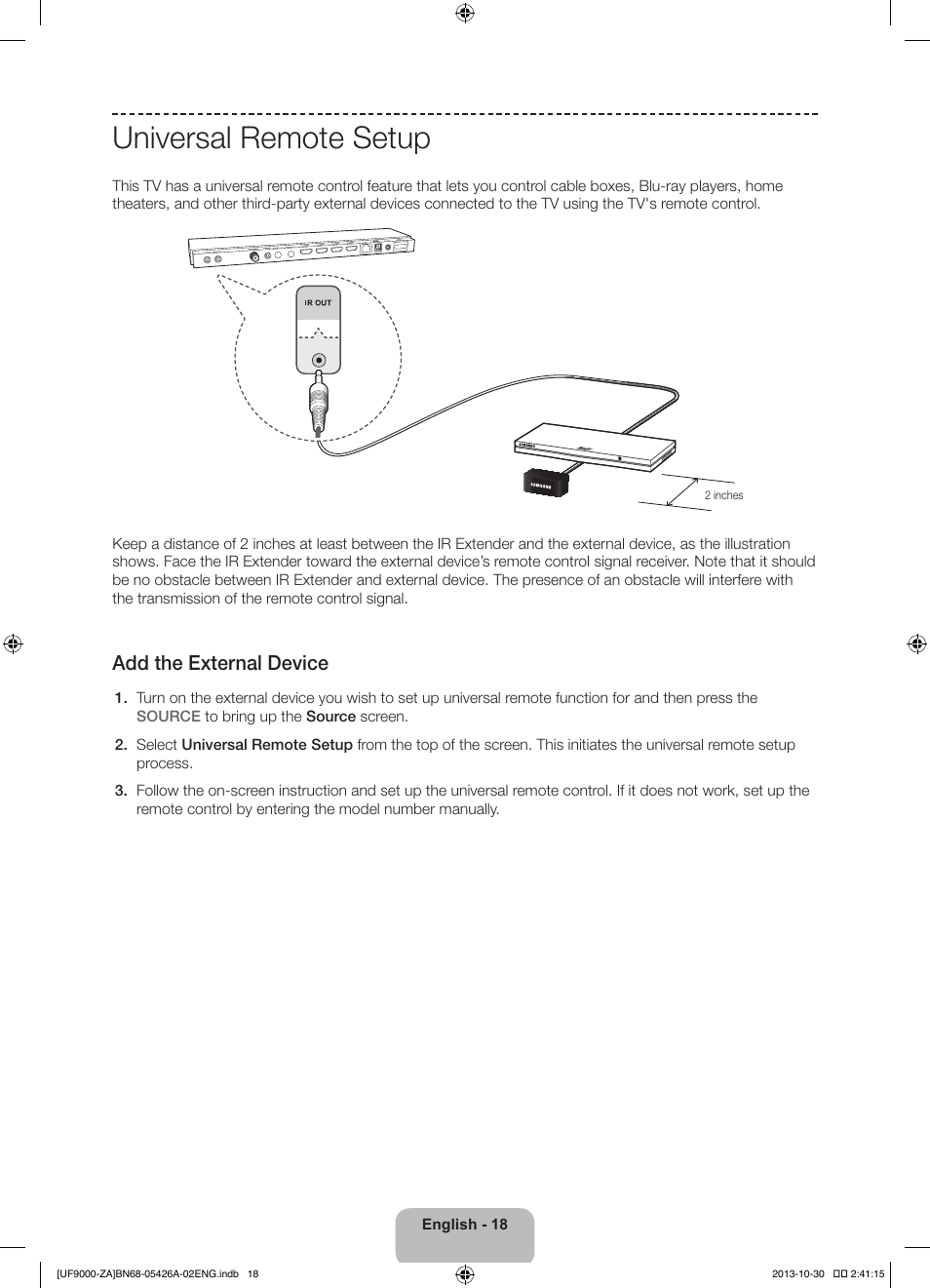 Universal remote setup, Add the external device | Samsung UN55F9000AFXZA User Manual | Page 18 / 39