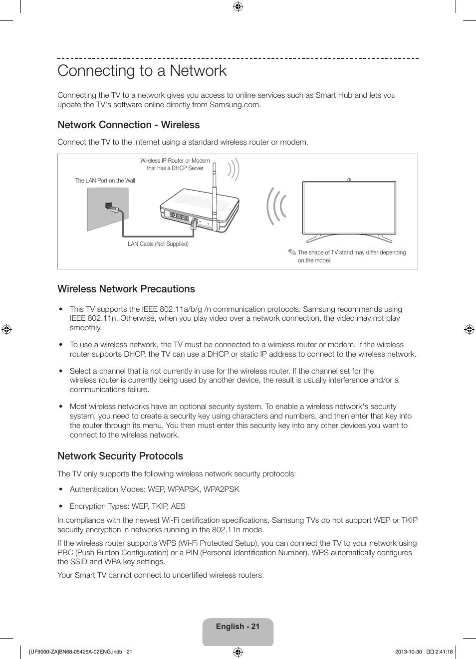 Connecting to a network, Network connection - wireless, Wireless network precautions | Network security protocols | Samsung UN55F9000AFXZA User Manual | Page 21 / 39