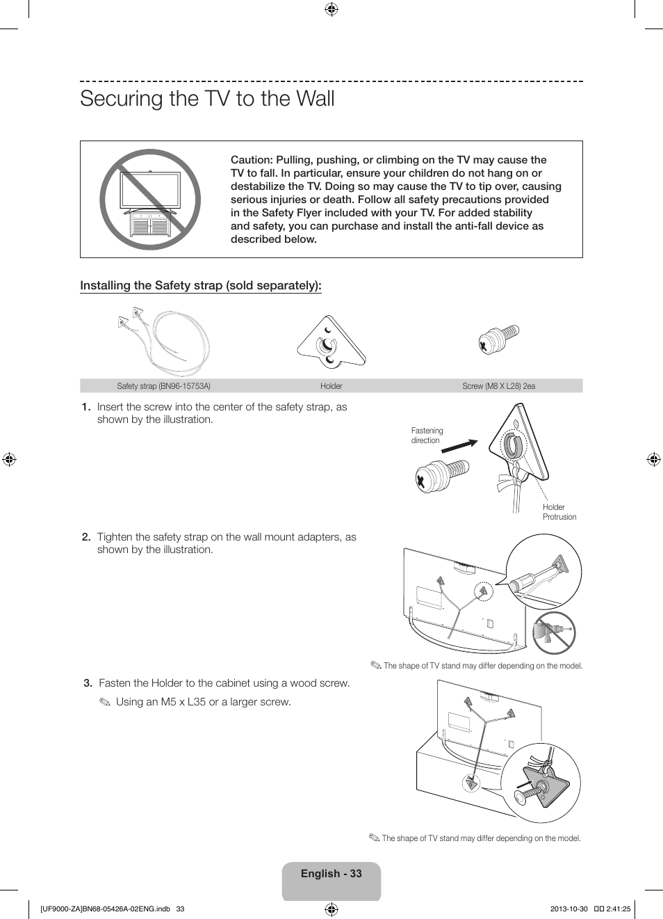 Securing the tv to the wall | Samsung UN55F9000AFXZA User Manual | Page 33 / 39