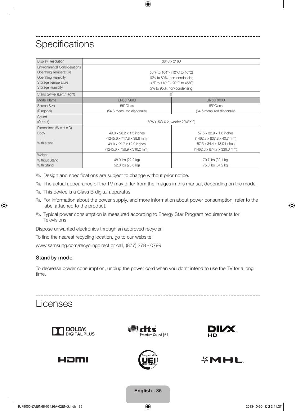 Specifications, Licenses | Samsung UN55F9000AFXZA User Manual | Page 35 / 39