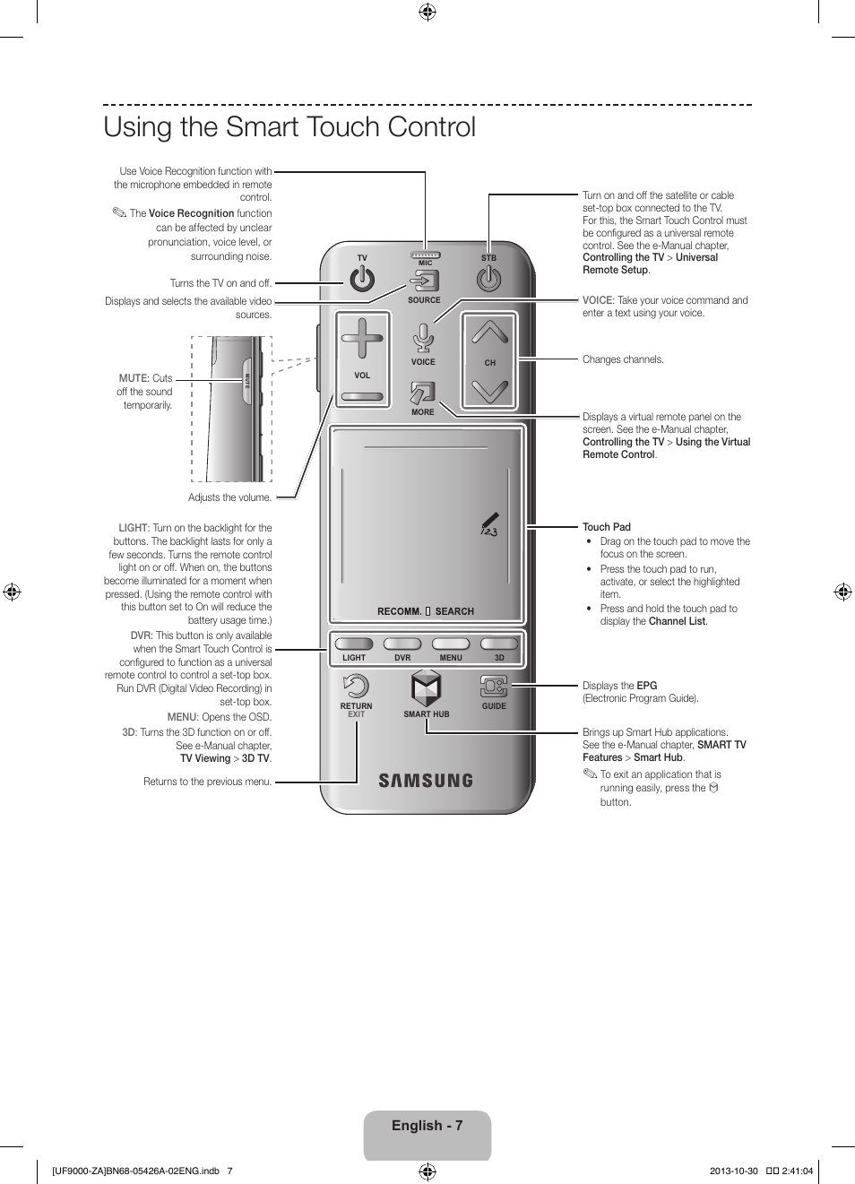 Using the smart touch control, English - 7 | Samsung UN55F9000AFXZA User Manual | Page 7 / 39