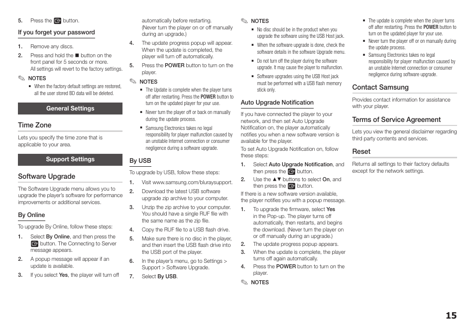 General settings, Support settings, General settings support settings | Samsung BD-F5700-ZA User Manual | Page 15 / 24