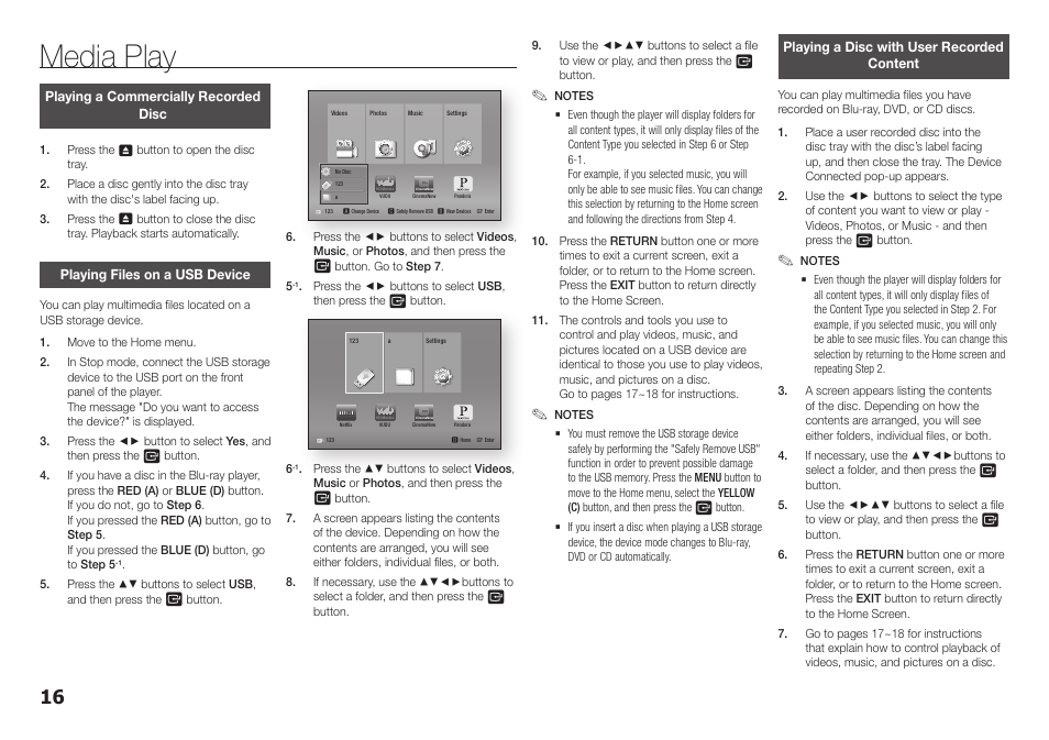 Media play, Playing a commercially recorded disc, Playing files on a usb device | Playing a disc with user recorded content | Samsung BD-F5700-ZA User Manual | Page 16 / 24