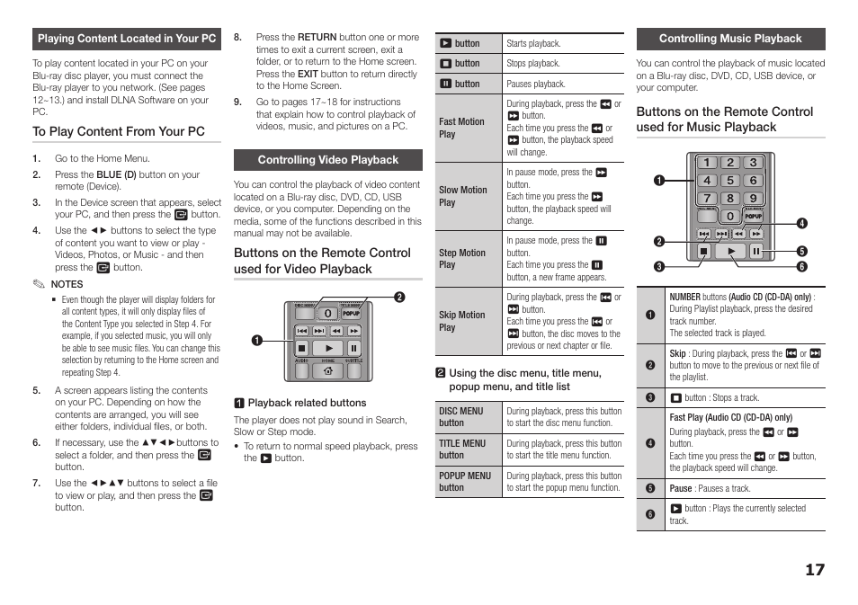 Playing content located in your pc, Controlling video playback, Controlling music playback | Samsung BD-F5700-ZA User Manual | Page 17 / 24