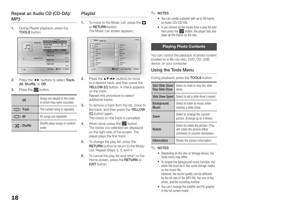 Playing photo contents, Repeat an audio cd (cd-da)/ mp3, Playlist | Using the tools menu | Samsung BD-F5700-ZA User Manual | Page 18 / 24