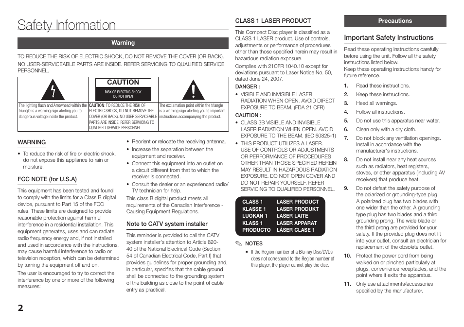 Safety information, Warning, Precautions | Samsung BD-F5700-ZA User Manual | Page 2 / 24