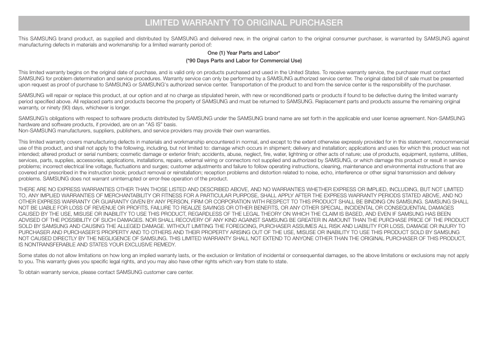Limited warranty to original purchaser | Samsung BD-F5700-ZA User Manual | Page 23 / 24