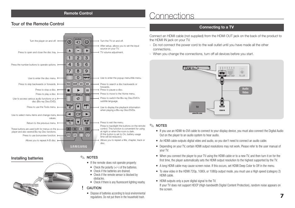 Remote control, Connections, Connecting to a tv | Connections connecting to a tv, Tour of the remote control | Samsung BD-F5700-ZA User Manual | Page 7 / 24